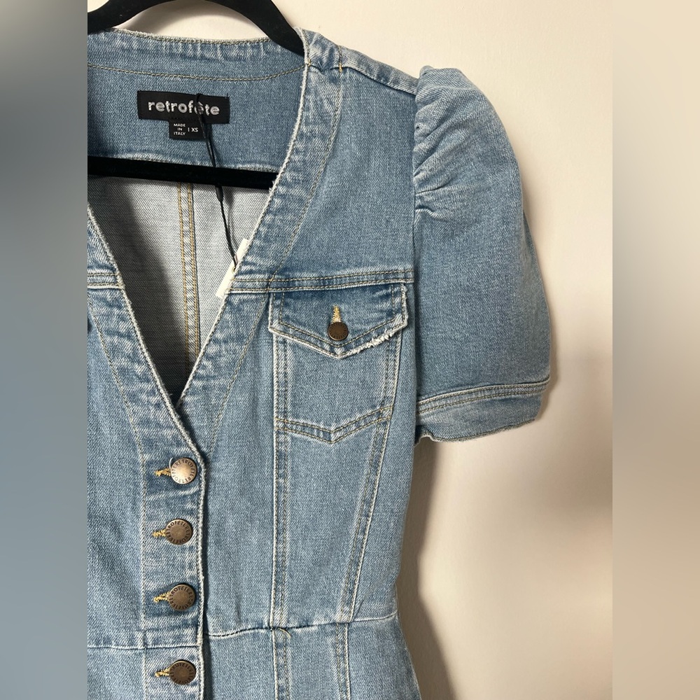 NWT Retrofete Annie Denim Button Up Puff Sleeve Dress in Laguna XS - Picture 7 of 16